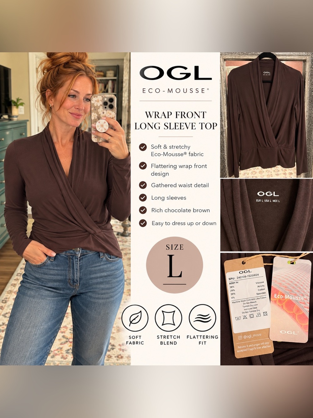 OGL Wrap Front Long Sleeve Top - Chocolate